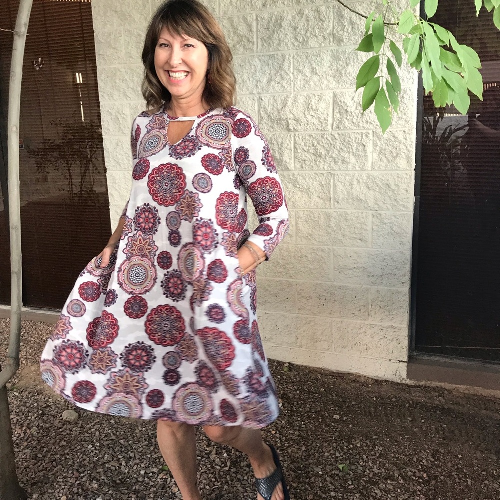 5 for $25 Kaleidoscope pocket midi dress creamy white multi